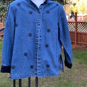 Embroidered and Velvet cuffs and beaded collar Jean Jacket